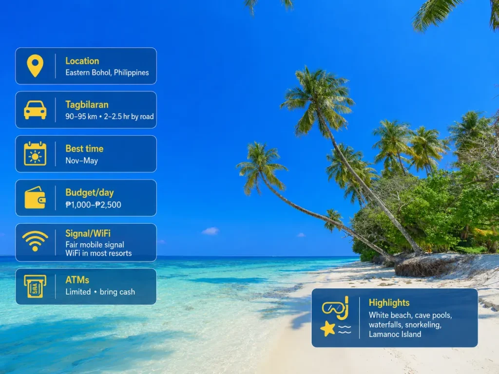 Tropical beach infographic for Anda Beach, Bohol, showing location, distance from Tagbilaran, best time to visit, daily budget, mobile signal and WiFi, ATM availability, and top highlights like white beach, cave pools, waterfalls, snorkeling, and Lamanoc Island.