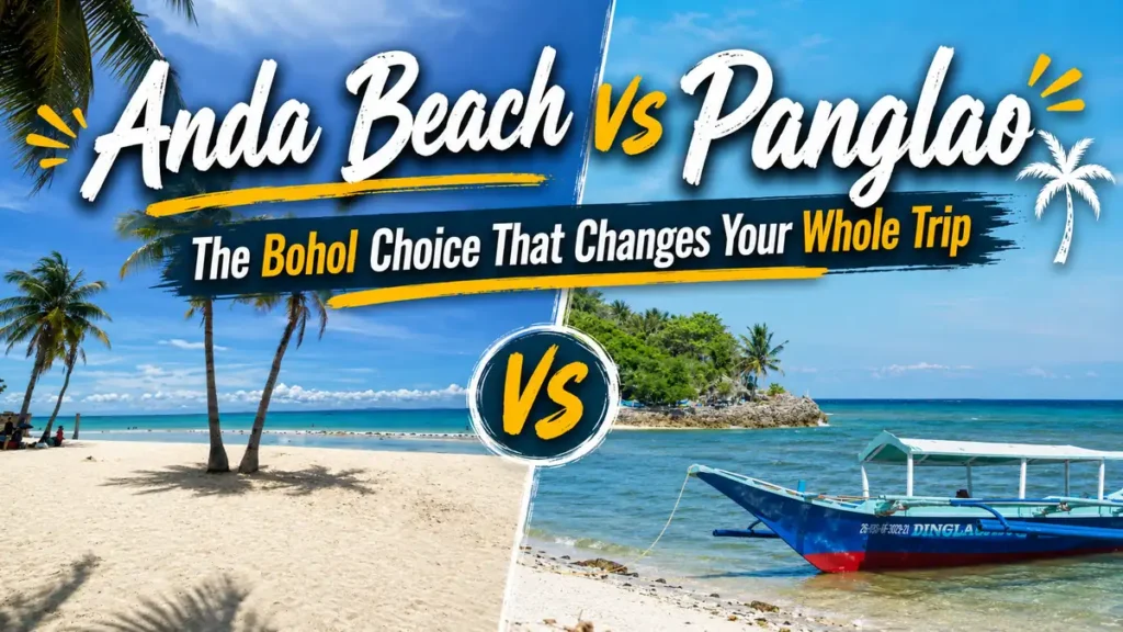 Split-screen travel comparison image showing Anda Beach and Panglao in Bohol, with tropical beach scenes, a boat, palm trees, and the title about choosing the destination that changes your whole trip.