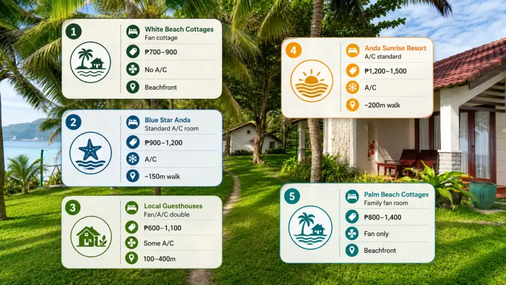 Tropical resort infographic showing budget stay options in Anda Beach, including cottages, guesthouses, room types, nightly prices, A/C availability, and beach distance.
