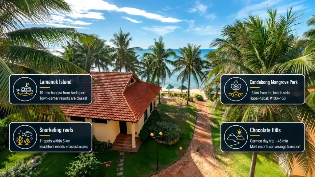 Tropical Anda resort infographic showing nearby attractions including Lamanok Island, Candabong Mangrove Park, snorkeling reefs, and Chocolate Hills day trip options.