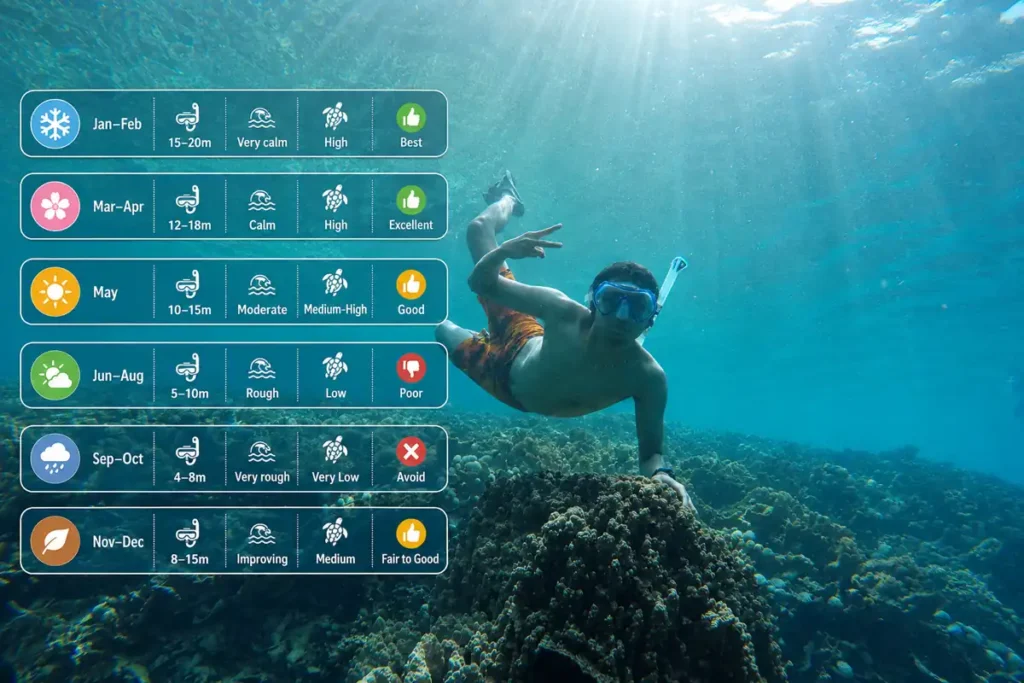 Underwater snorkeling infographic showing seasonal visibility, sea conditions, and marine life activity in Anda, Bohol.