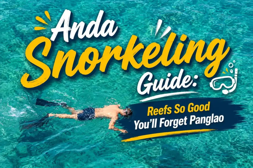 Anda Snorkeling Guide thumbnail featuring a snorkeler in crystal-clear turquoise water and bold travel text.