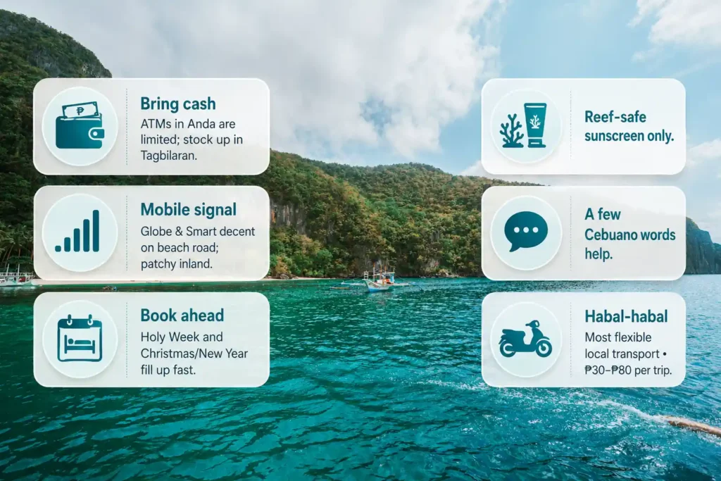 Travel tips infographic for Anda, Bohol over a tropical beach and limestone-cliff background, showing icons and notes about bringing cash, mobile signal, booking ahead, reef-safe sunscreen, basic Cebuano phrases, and habal-habal transport.