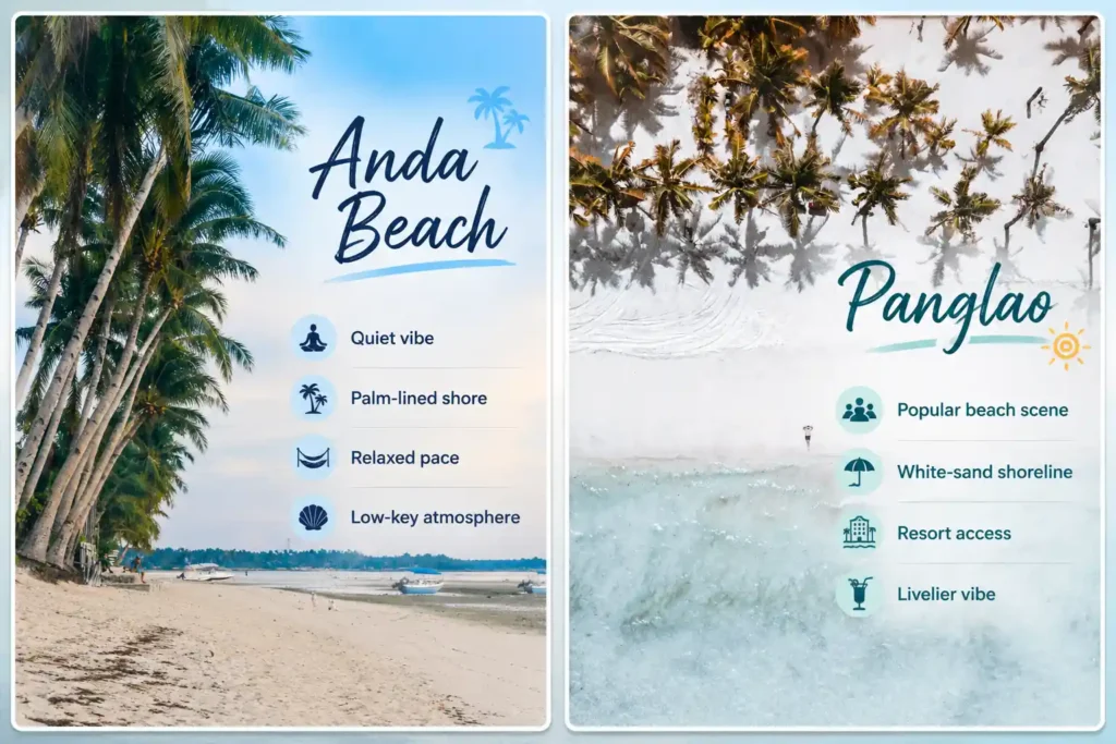 Side-by-side comparison infographic of Anda Beach and Panglao, showing Anda as a quieter palm-lined beach and Panglao as a more lively white-sand beach with resort access.
