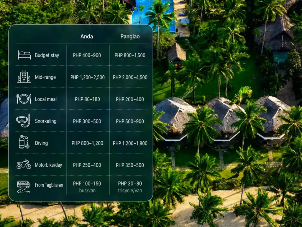 Tropical cost comparison infographic showing Anda and Panglao prices for budget stays, mid-range rooms, local meals, snorkeling, diving, motorbike rental, and transport from Tagbilaran.