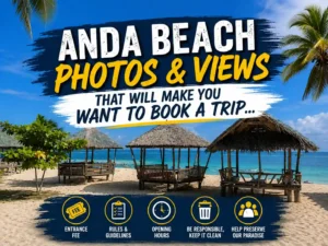 Anda Beach photos and views travel guide thumbnail featuring tropical beach huts, white sand, turquoise water, and scenic coastal views in Bohol, Philippines.