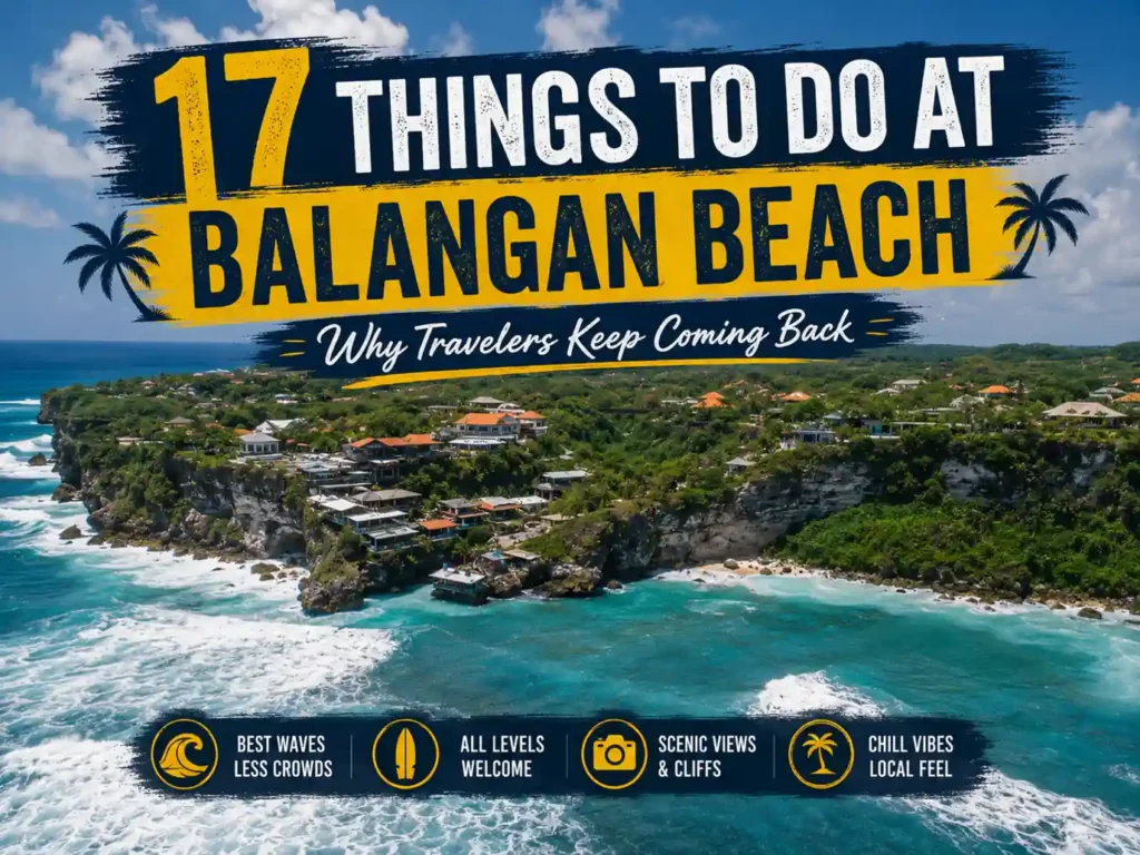 Aerial view of Balangan Beach with travel guide title overlay.