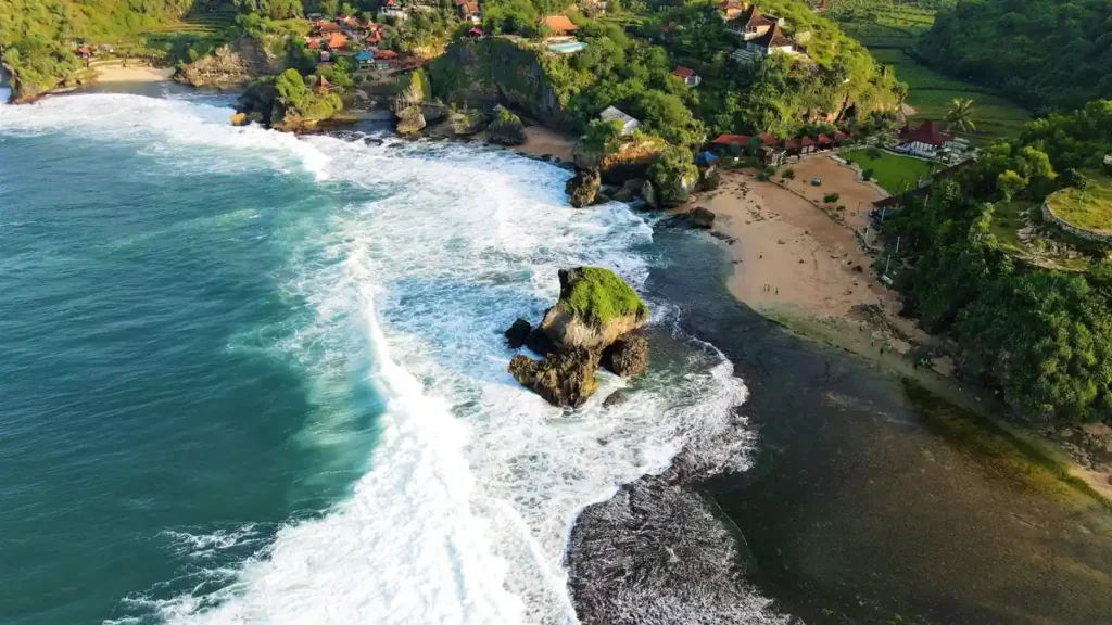 Aerial view of Balangan Beach and coastline in Bali.