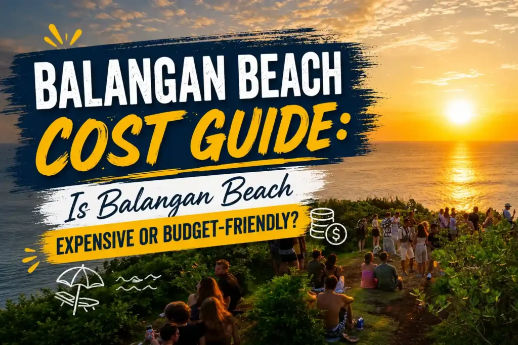 Balangan Beach cost guide thumbnail with sunset cliff viewpoint. Caption: