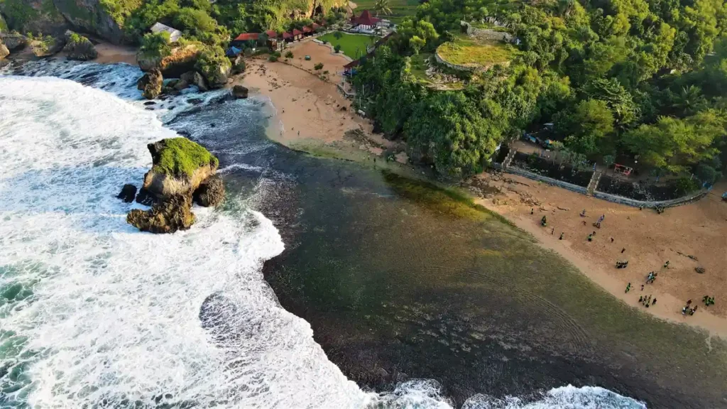 Drone view of Balangan Beach shoreline and reef.