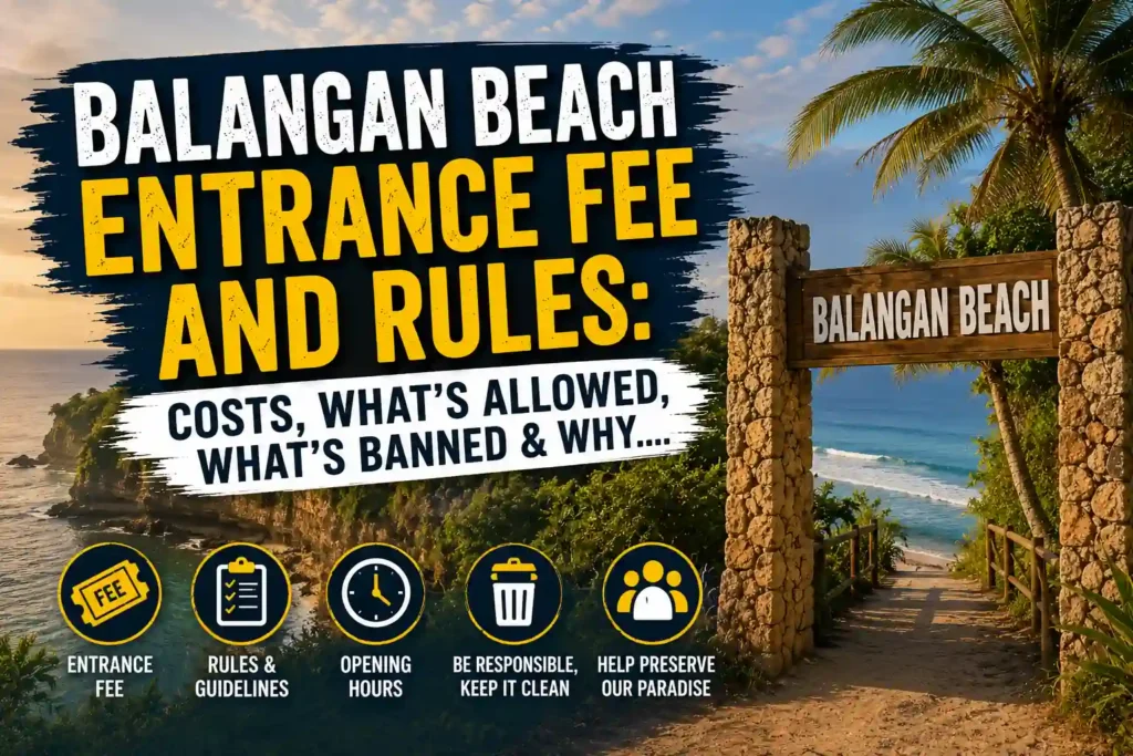 Balangan Beach entrance gate overlooking a tropical cliffside beach with visitor fee and rules information.
