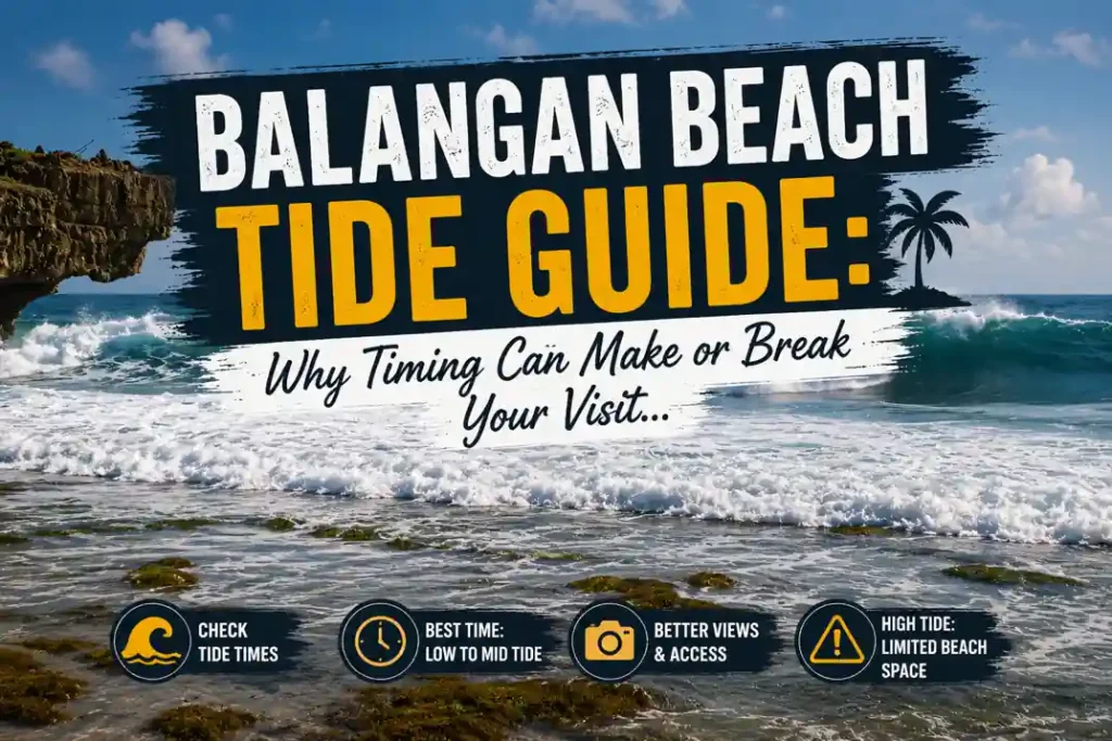 Balangan Beach tide guide thumbnail showing ocean waves, rocky shoreline, and information about the best tide times for visiting the beach
