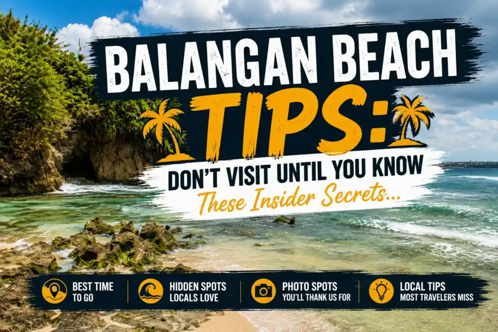 Balangan Beach in Bali with turquoise water, rocky shoreline, and travel tips overlay highlighting insider secrets, hidden spots, photography locations, and the best time to visit.