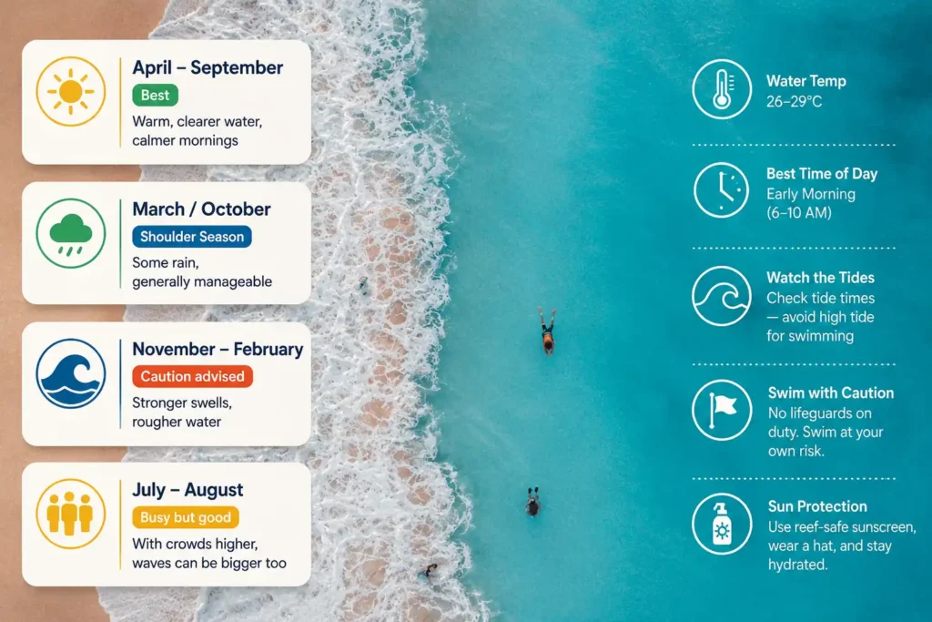 Aerial beach infographic showing swimming seasons, tides, and safety tips.