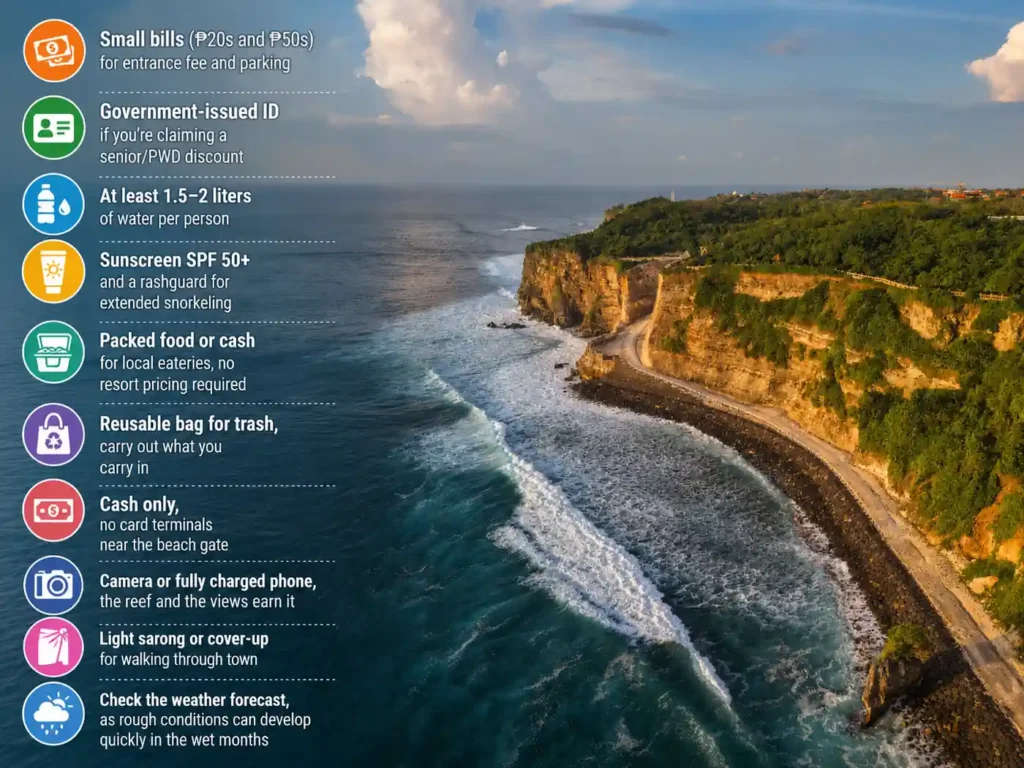 Balangan Beach visitor checklist infographic showing essential items including cash, water, sunscreen, camera, reusable bag, weather preparation, and identification requirements.