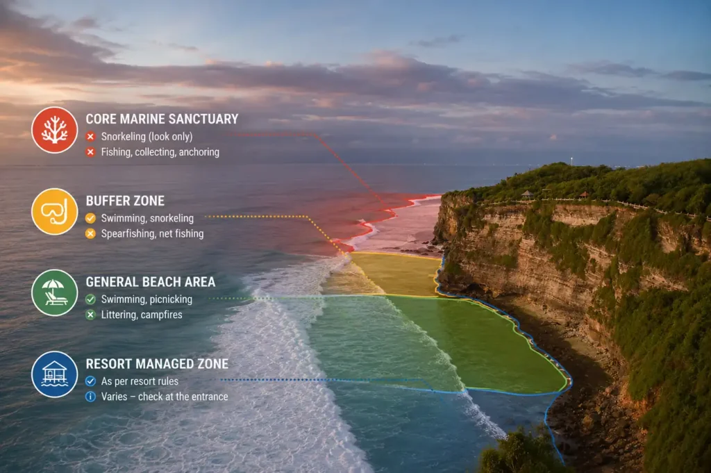 Balangan Beach coastal zoning infographic showing marine sanctuary, buffer zone, general beach area, and resort-managed zone with permitted and restricted activities.