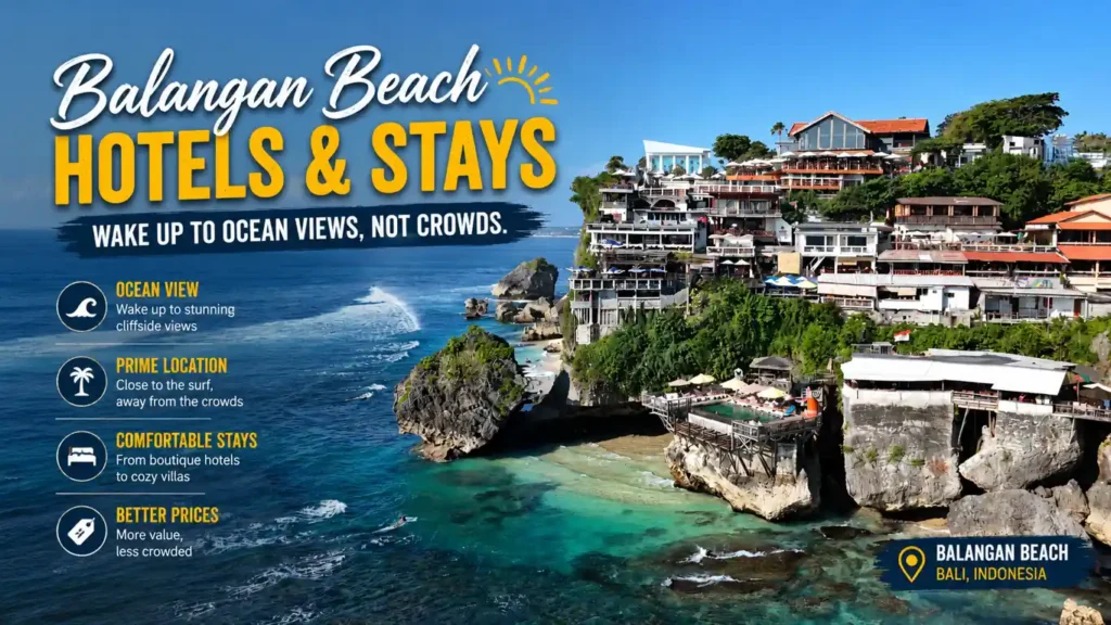 Balangan Beach hotels and stays infographic featuring cliffside resorts with ocean views in Bali.