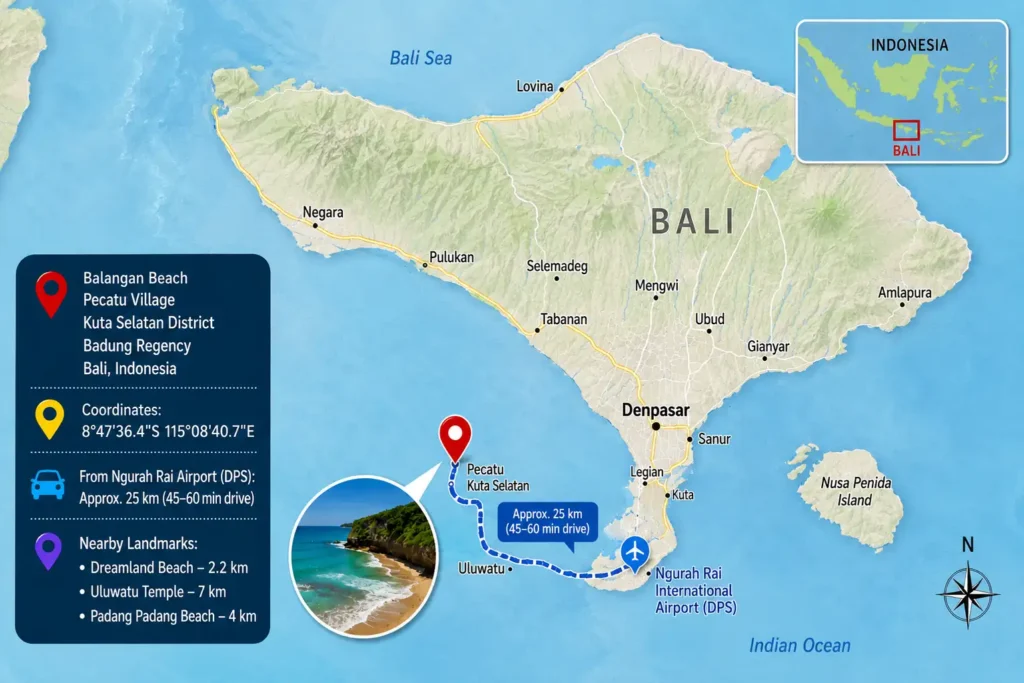 Map showing the location of Balangan Beach in Pecatu, South Kuta, Bali, including directions from Ngurah Rai International Airport and nearby landmarks.