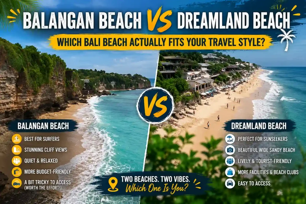 Comparison infographic of Balangan Beach and Dreamland Beach in Bali, highlighting differences in surfing, scenery, accessibility, facilities, and travel style preferences.
