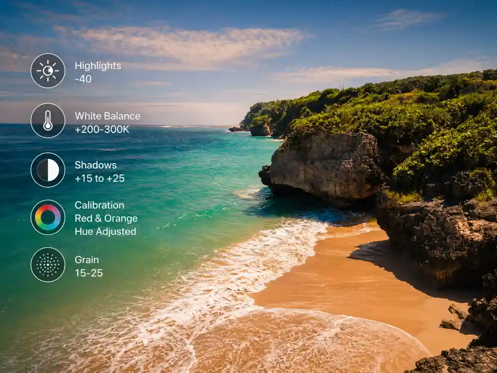 Beach photography editing tips infographic showing highlight reduction, warmer white balance, shadow recovery, color calibration, and film grain adjustments over a tropical coastline
