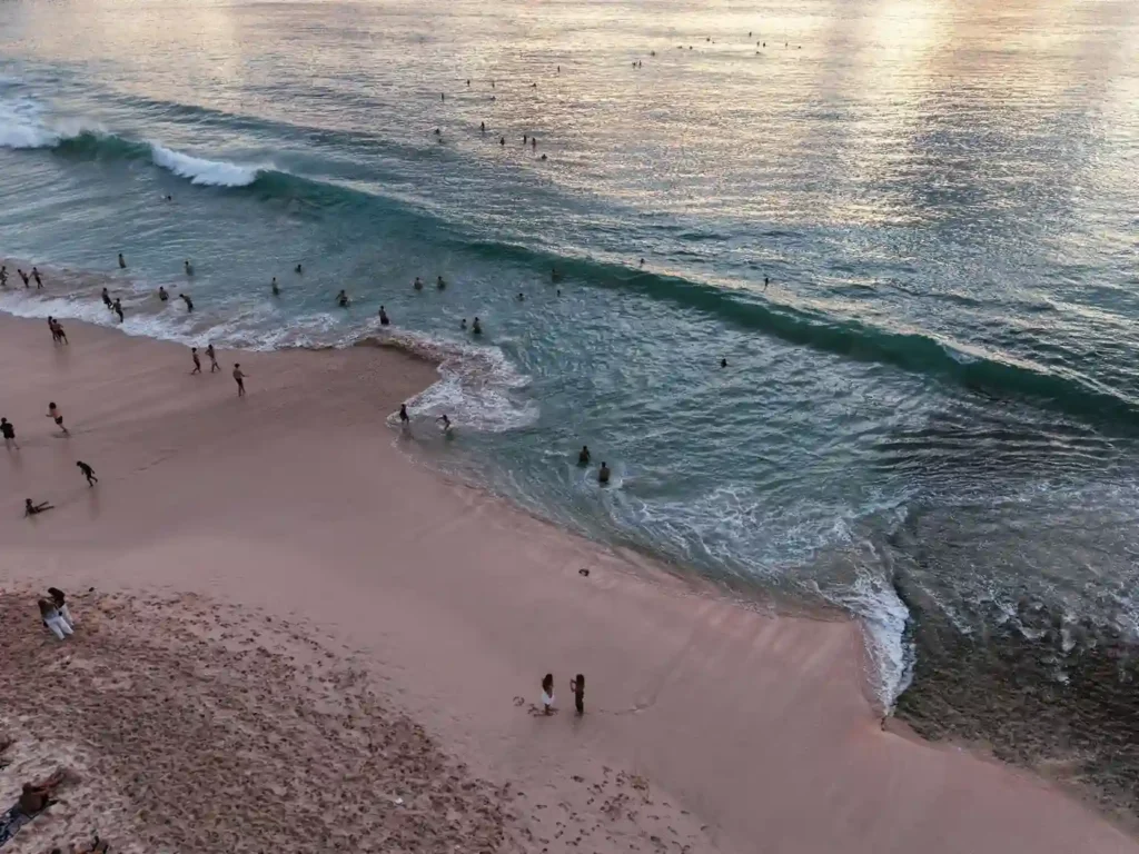 Aerial view of beachgoers in ocean waves at sunset.