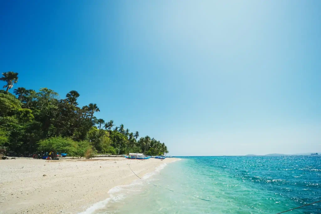 Tropical white-sand beach with turquoise clear water, palm trees along the shoreline, small fishing boats, and a bright blue sky on a sunny day.