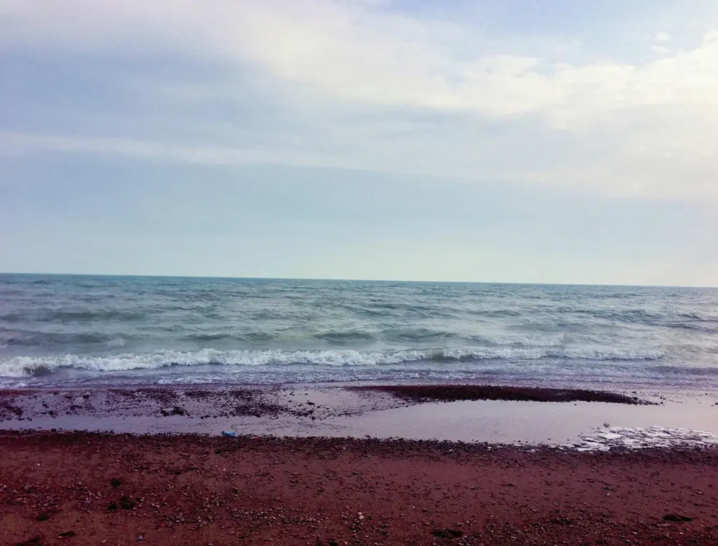 Quiet beach in Iran with dark reddish sand, gentle sea waves, and a cloudy sky over the shoreline.