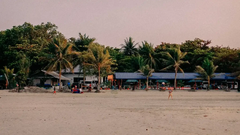 Beachfront cottages and palm trees lining a sandy tropical beach.