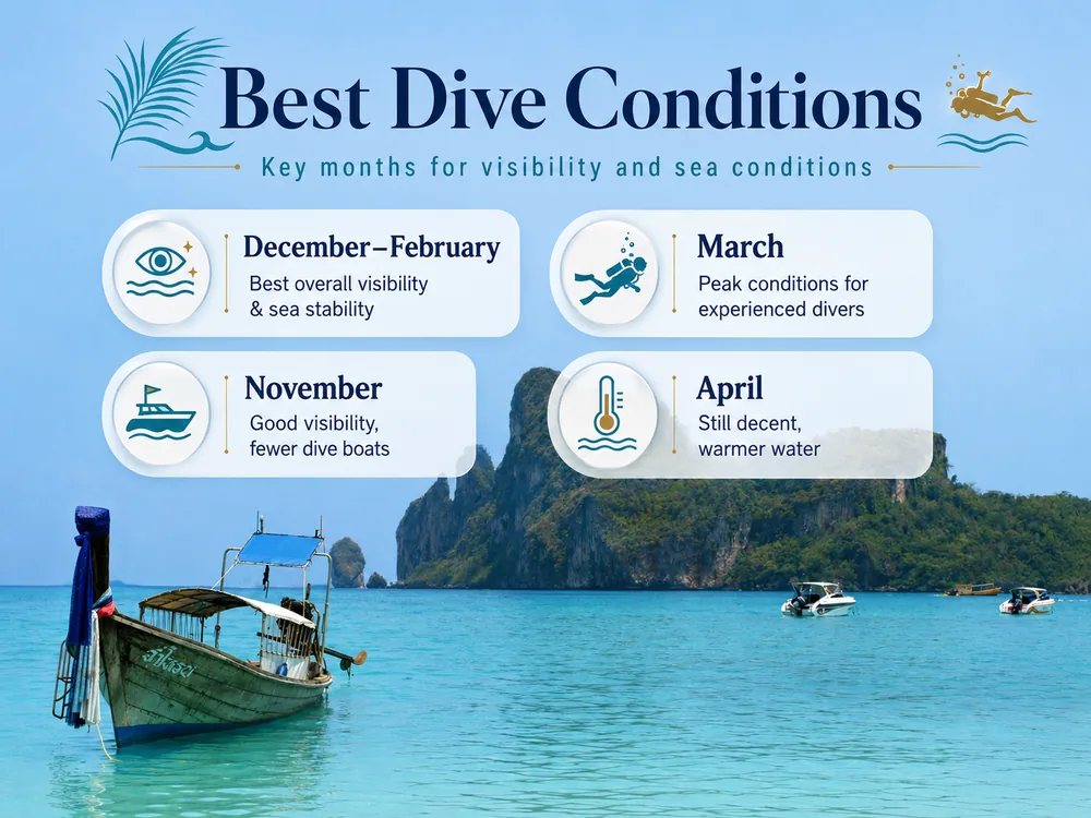 Best dive conditions guide for Koh Lipe showing key months for visibility, calm seas, fewer dive boats, and warmer water over a tropical island boat scene. 