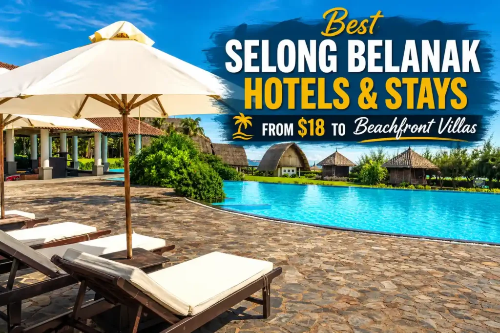 Luxury hotel pool in Selong Belanak with sun loungers, white umbrellas, tropical huts, and title text about best hotels and stays. Caption: