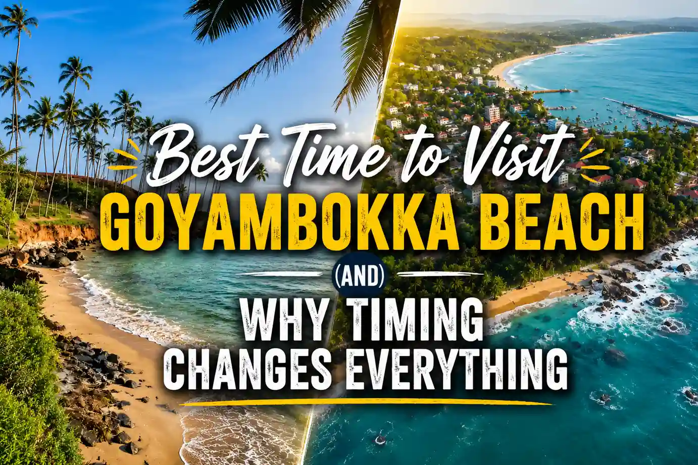 Travel graphic showing the best time to visit Goyambokka Beach, with tropical coastline views, palm trees, blue water, and bold title text.