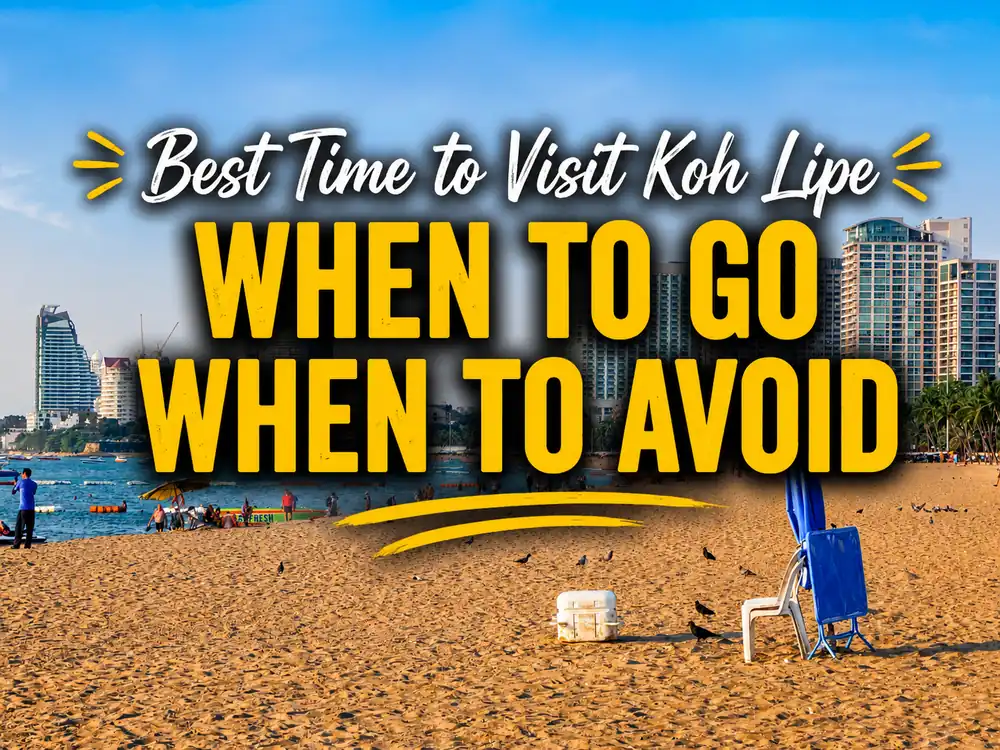 Best time to visit Koh Lipe travel cover showing a sandy beach, blue sea, city skyline, and bold text about when to go and when to avoid.