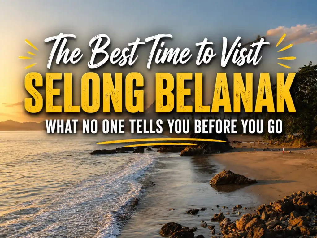 Best time to visit Selong Belanak travel graphic with sunset beach scenery, golden title text, soft waves, and rocky shoreline.
