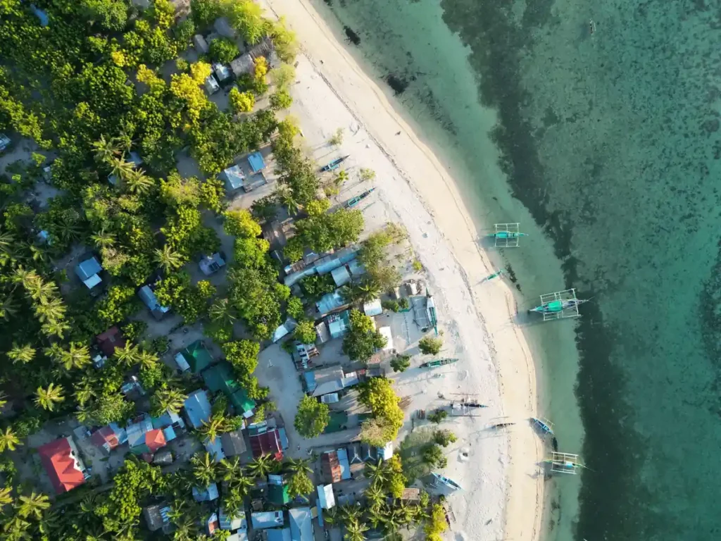 Aerial view of a tropical Bohol coastline with a white-sand beach, clear shallow water, traditional outrigger boats, palm trees, and a small coastal village.