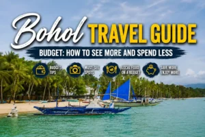 Bohol Travel Guide budget tips showing traditional boats along a tropical beach with palm trees and turquoise water in the Philippines.