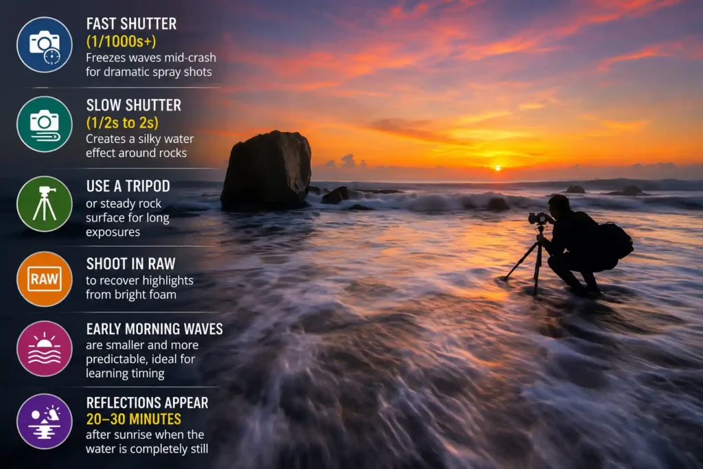 Coastal photography tips infographic with a photographer capturing waves at sunset. 