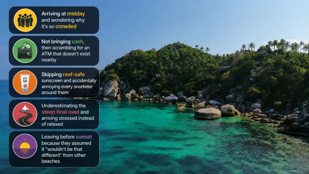 Turquoise bay with common beach mistakes infographic.