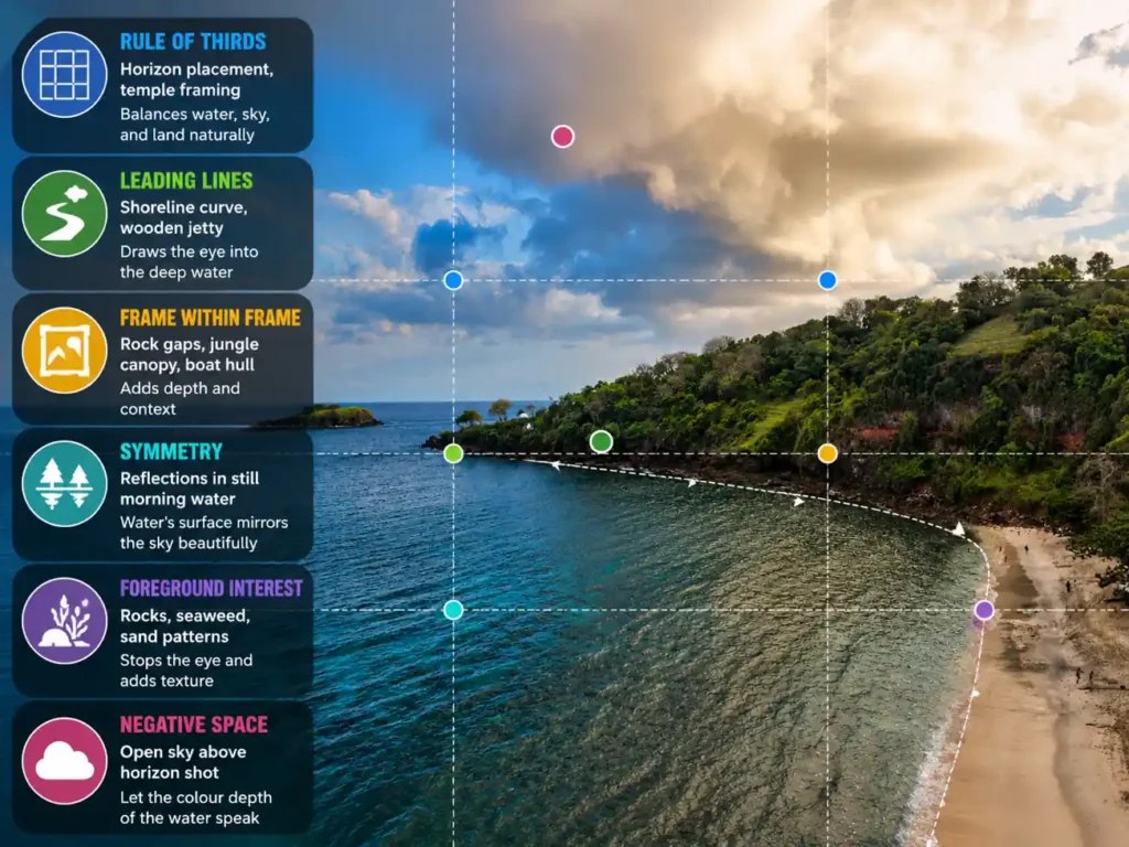 Photography composition tips infographic over a scenic tropical bay and beach aerial view.