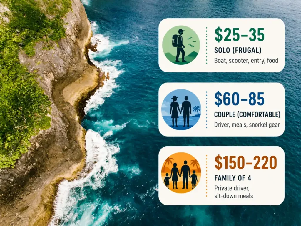 Crystal Bay budget infographic showing solo, couple, and family travel costs.