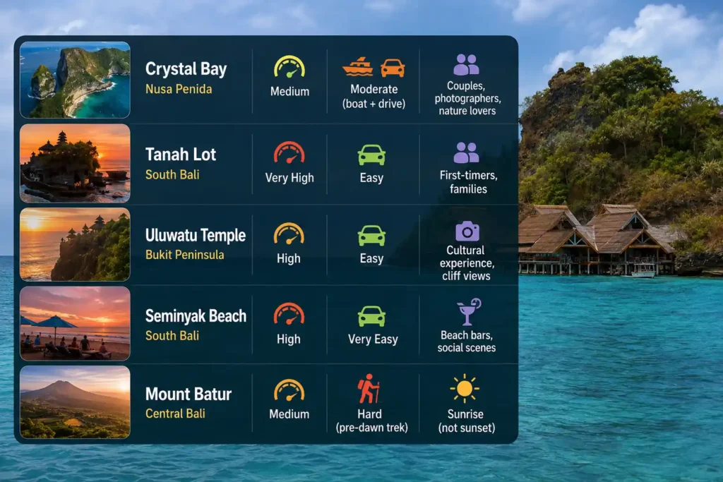 Travel comparison infographic featuring Crystal Bay, Tanah Lot, Uluwatu Temple, Seminyak Beach, and Mount Batur over a tropical lagoon background.