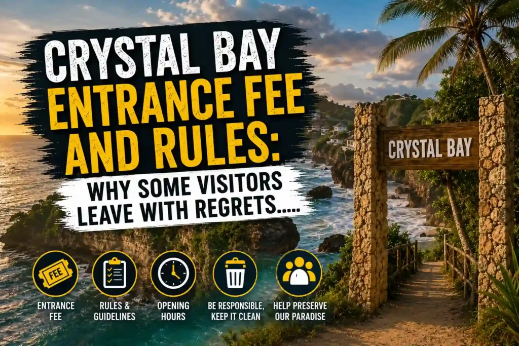 Crystal Bay entrance fee and rules thumbnail with tropical beach gate and sunset view.