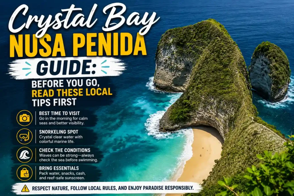 Crystal Bay viewpoint in Nusa Penida with turquoise ocean and cliffs.