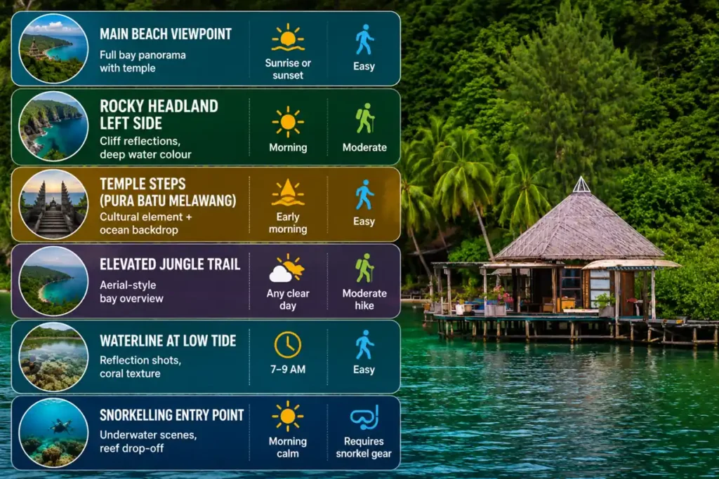 Crystal Bay photography spots infographic with tropical overwater bungalow and photo location tips. 