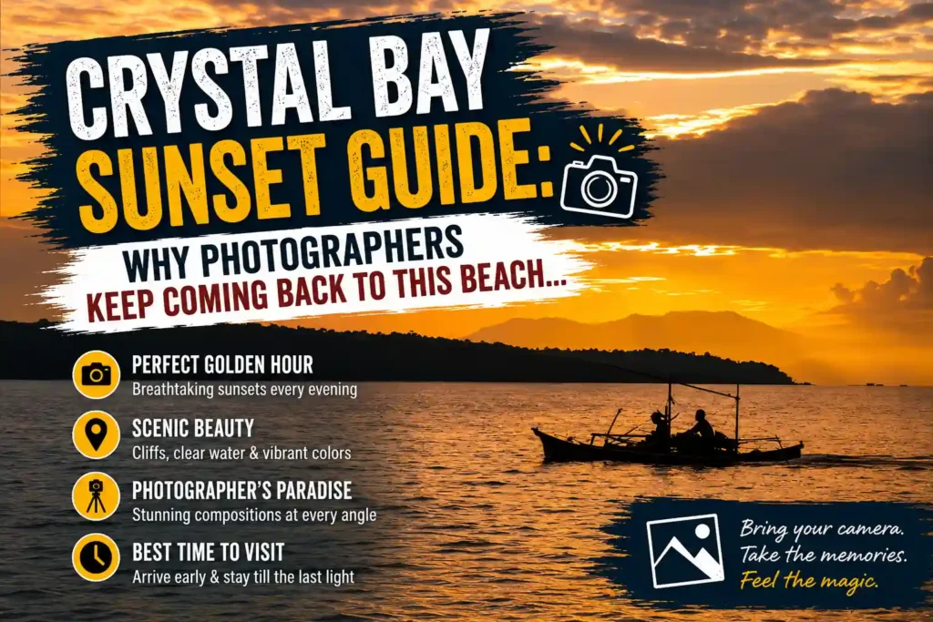 Crystal Bay sunset with a silhouetted boat and photography guide thumbnail text.