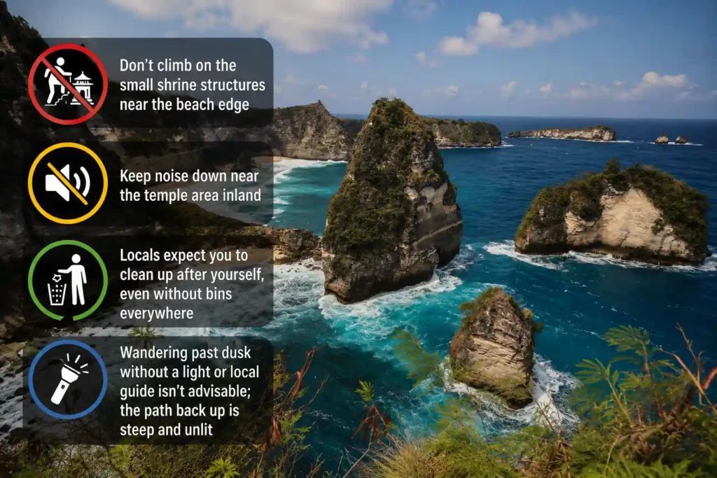 Crystal Bay travel tips infographic with safety rules over a scenic cliff and ocean view. 
