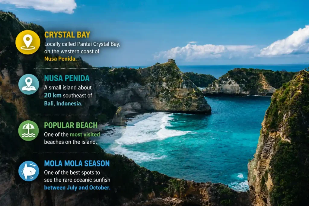 Crystal Bay Nusa Penida travel information infographic.