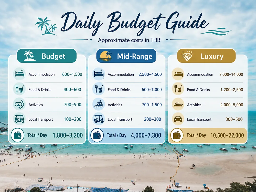 Daily beach trip budget guide in THB showing budget, mid-range, and luxury costs for accommodation, food, activities, transport, and total daily spend. 