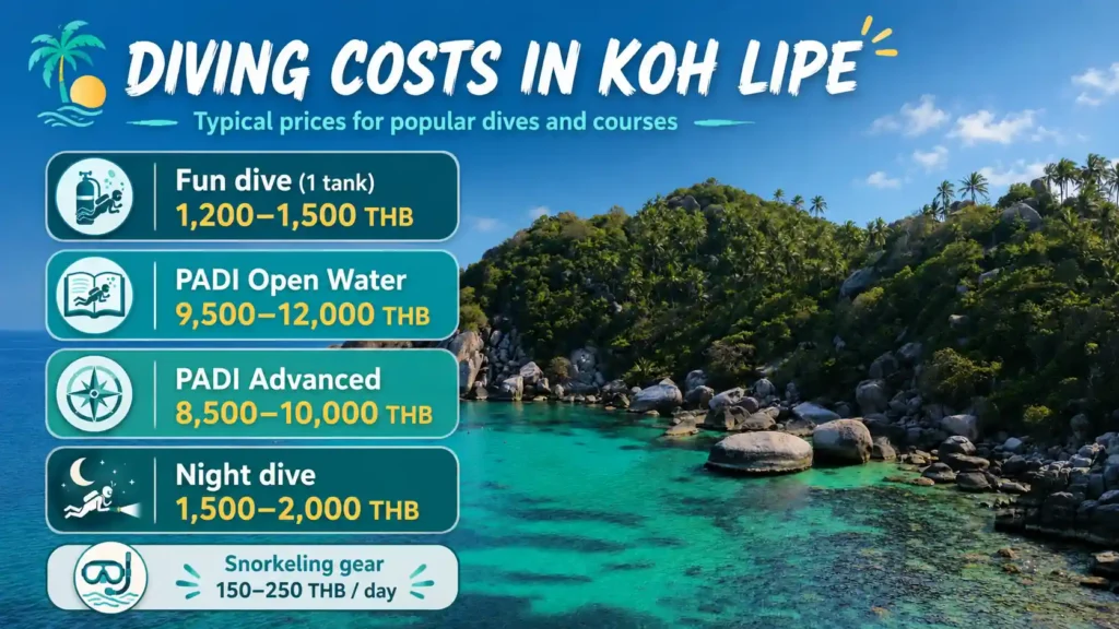 Koh Lipe diving costs infographic over a tropical bay, showing prices for fun dives, PADI Open Water, PADI Advanced, night dives, and snorkeling gear rental. 