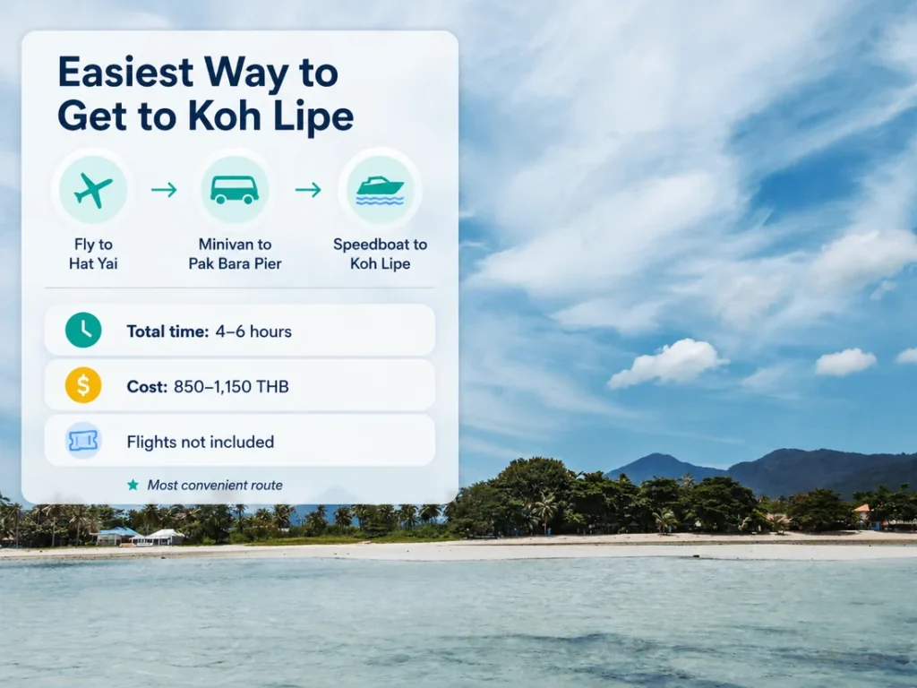 Koh Lipe route infographic showing fly to Hat Yai, minivan to Pak Bara Pier, and speedboat to Koh Lipe with time and cost details.