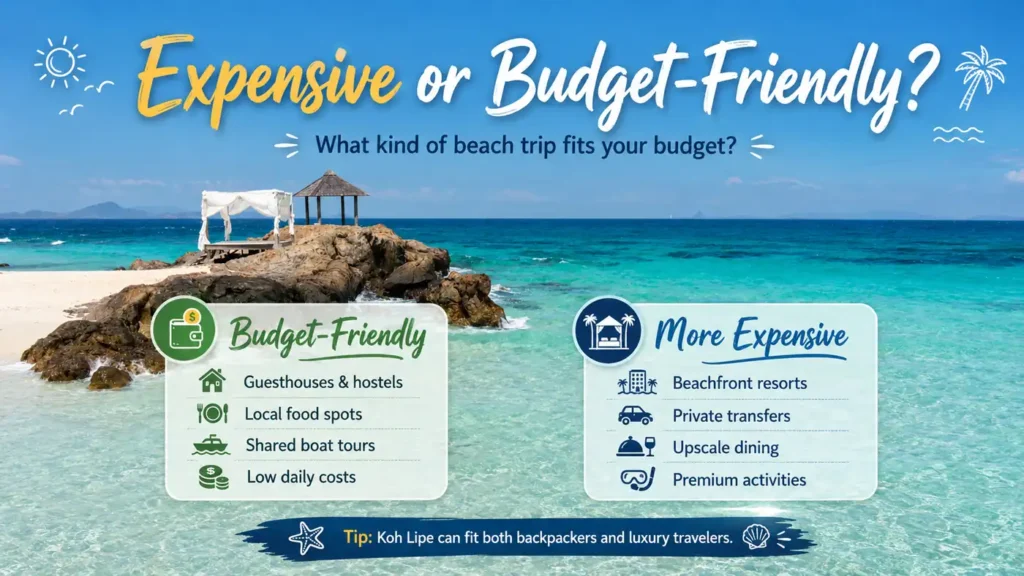 Koh Lipe beach cost comparison infographic showing budget-friendly options like guesthouses, local food, shared boat tours, and more expensive choices like beachfront resorts, private transfers, upscale dining, and premium activities.